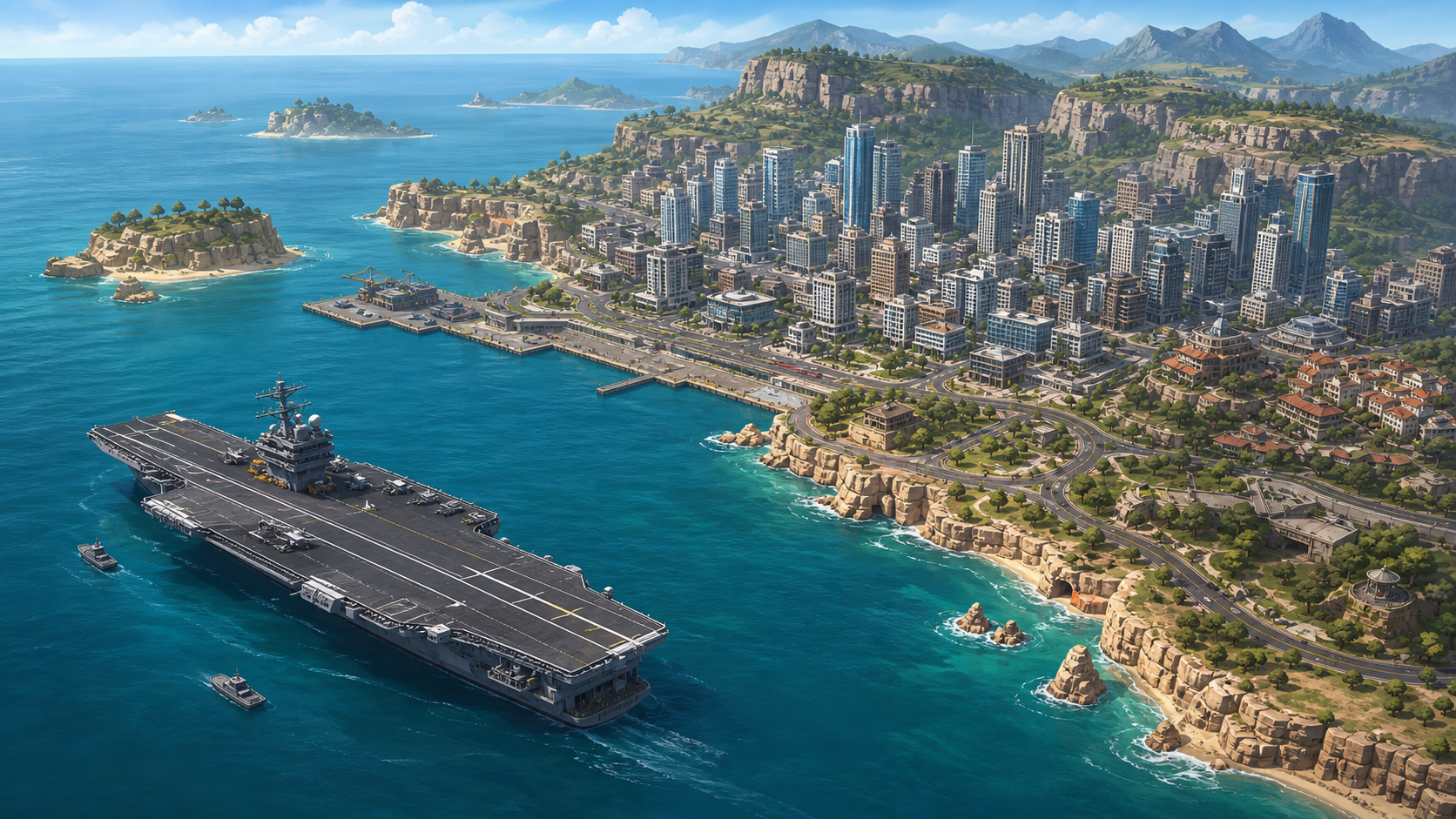 Isometric coast of Norvaka with a large aircraft carrier offshore and a city along the cliffs.